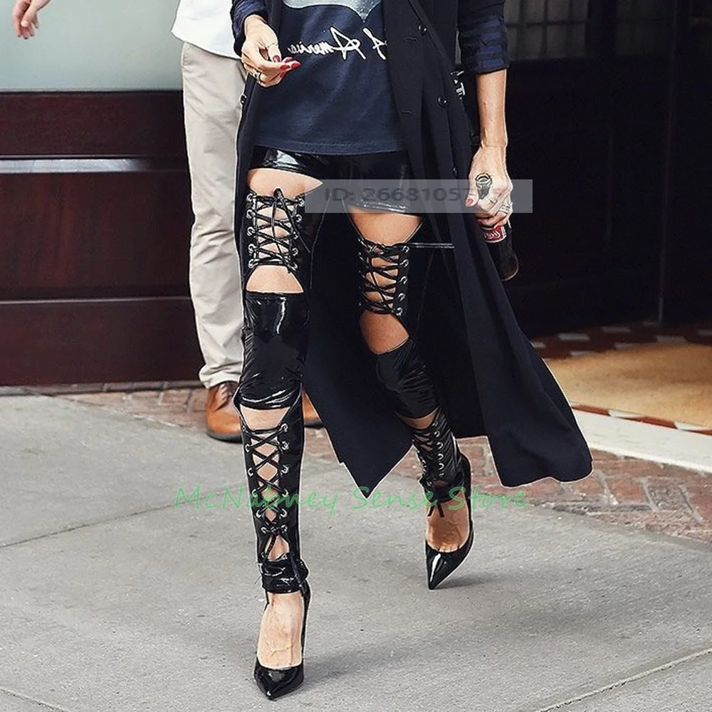 

Сексуальные босоножки с вырезами и ремешками, остроносые, из блестящей кожи, на высоком тонком каблуке, с завязками, летние, роскошные, с вырезами, до бедра