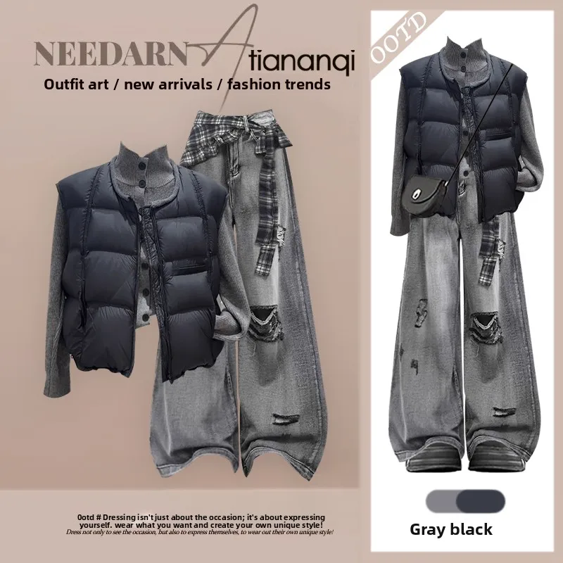 

Fall Winter Women's Fashion Set Three Pieces Combo Slimming Sweater Denim Jeans Layering Look Ageless Vest High-End Feel