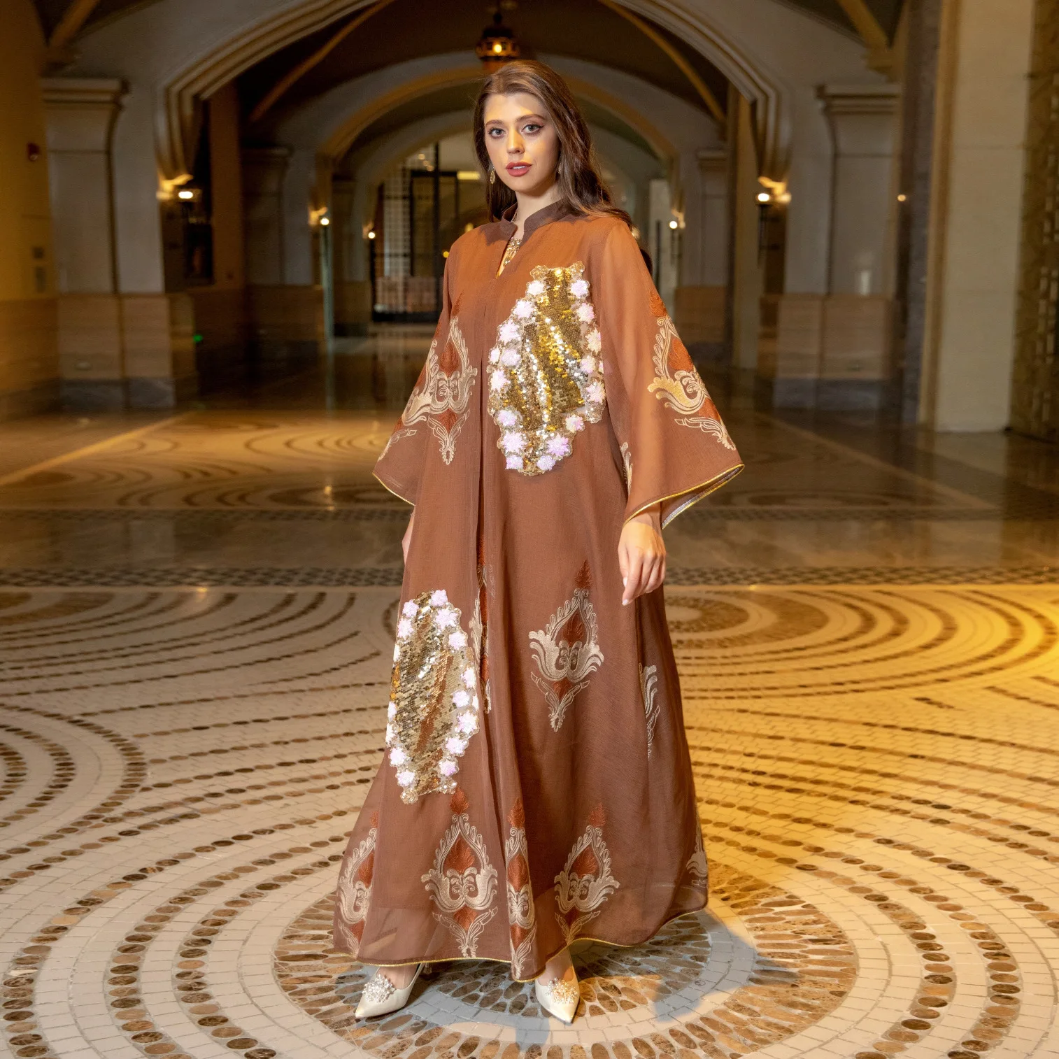 Zigui Muslim Women Summer Dresses Stand Collar Embroidery Evening Sequin Coffee Chiffon Abaya Dress