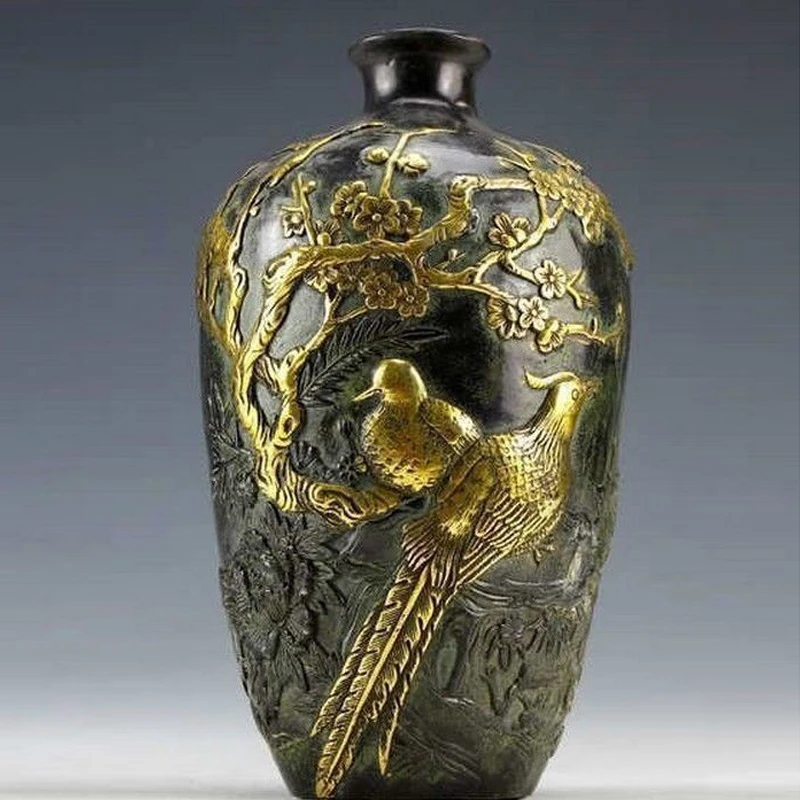 Exquisite Chinese Vintage Collection Copper Gold-plating Flower Bird Statue Vase / Pot Height: 20cm