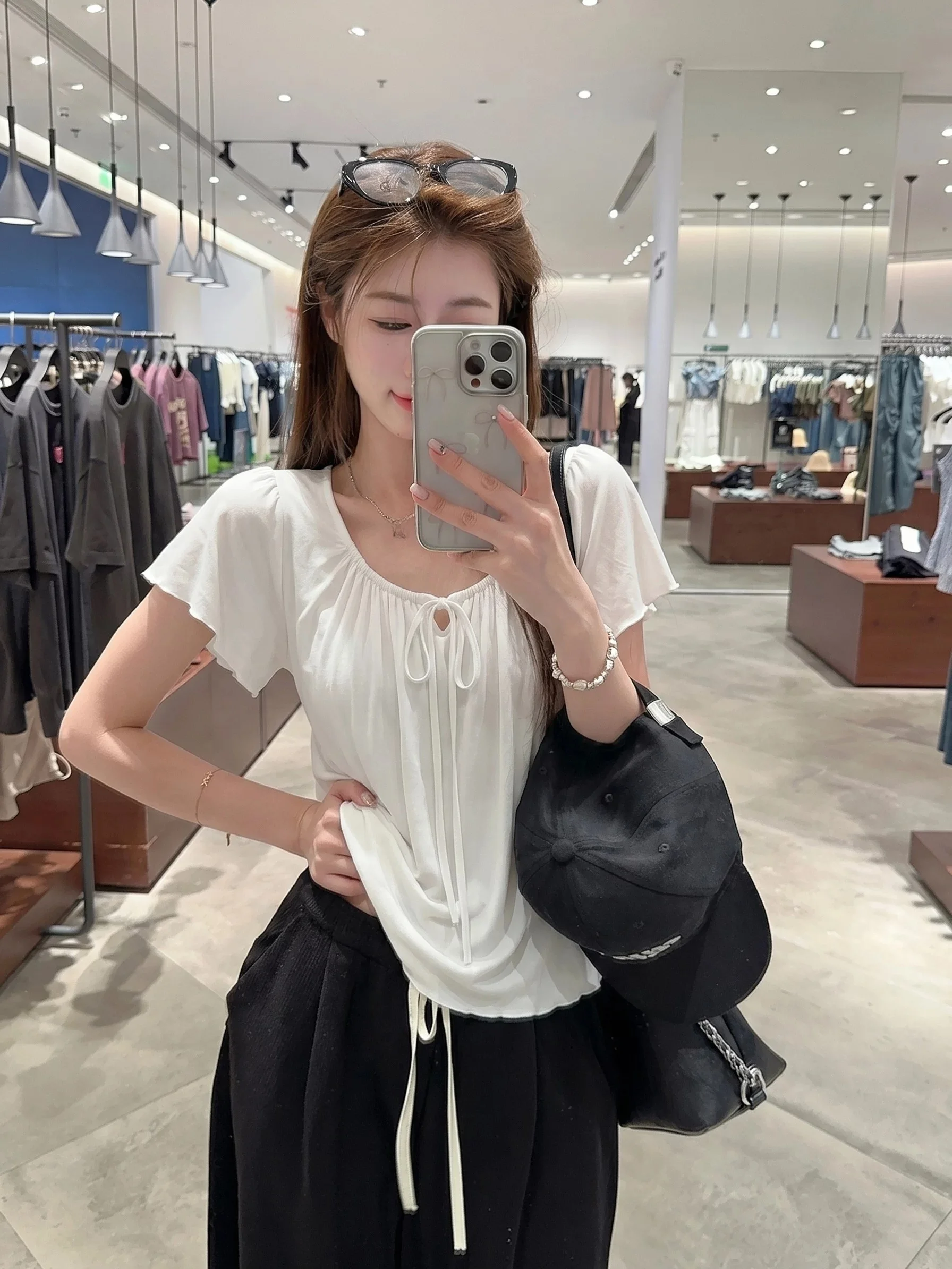 Korean Design Short Sleeve T-Shirt Women Summer Chic Casual Drawstring Loose Comfortable Breathable round Neck Top