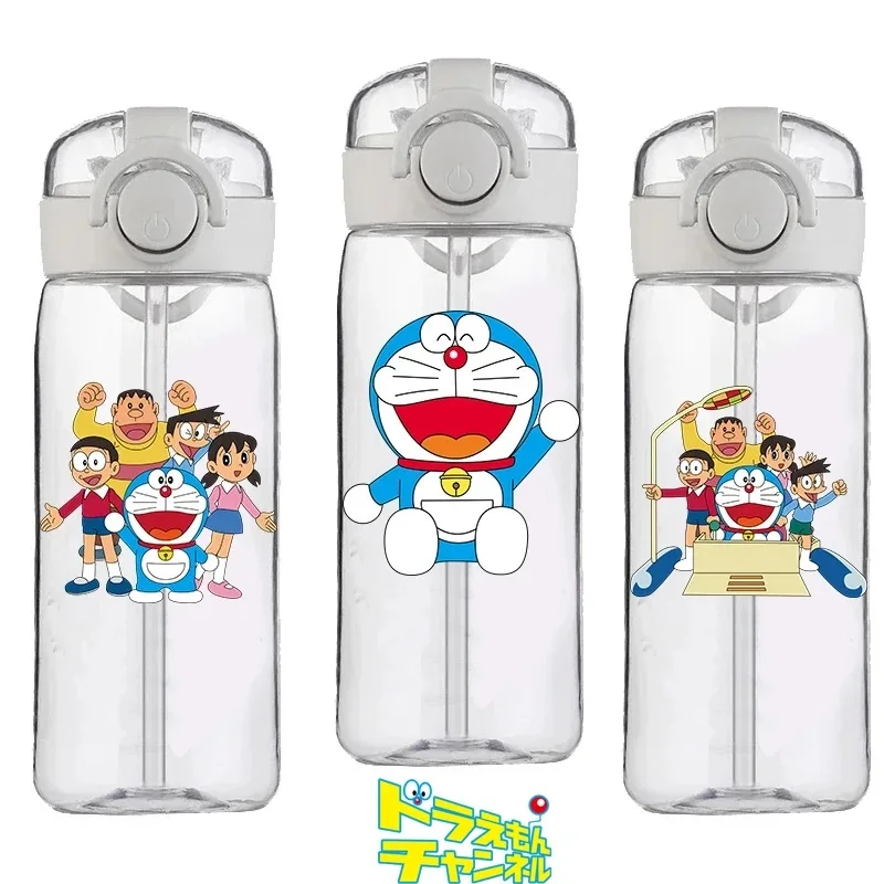 Cartoon Anime Doraemon Plastikbecher für Kinder Jungen Mädchen Niedlicher Lebensmittelechter Becher mit Strohhalm Tragbarer Frauen-Wasserbecher 400ml Geschenk Neu