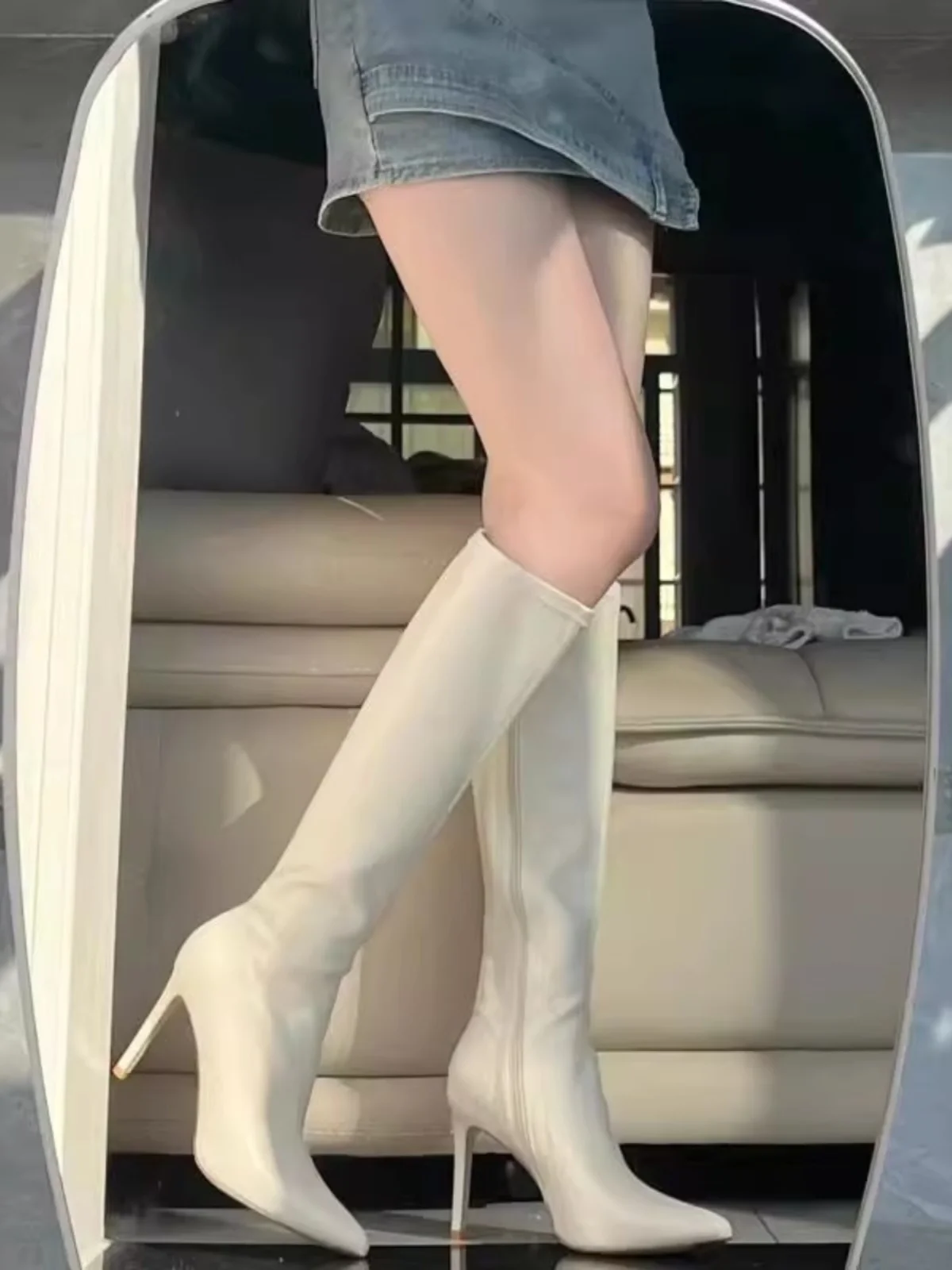 

Elastic Slim High Heel Long Boots Women's Faionable Ultrine Fiber Leather Upper Autumn Winter White Color Side Zipper