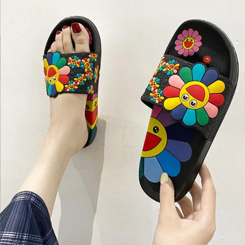 Summer Flower Slippers Women\'s Indoor Anti slip Home Couples Soft Sole Flat Slippers Beach Slippers Women\'s Sandals