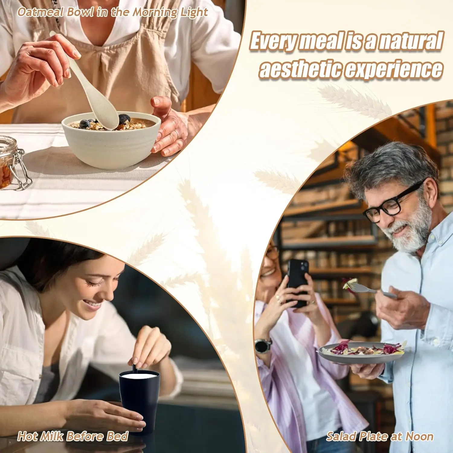 56 قطعة أطقم أواني طعام من قش القمح البيج أطباق وأطباق غير قابلة للكسر قابلة لإعادة الاستخدام أطقم أطباق للتخييم أطباق عشاء للسفر طبق