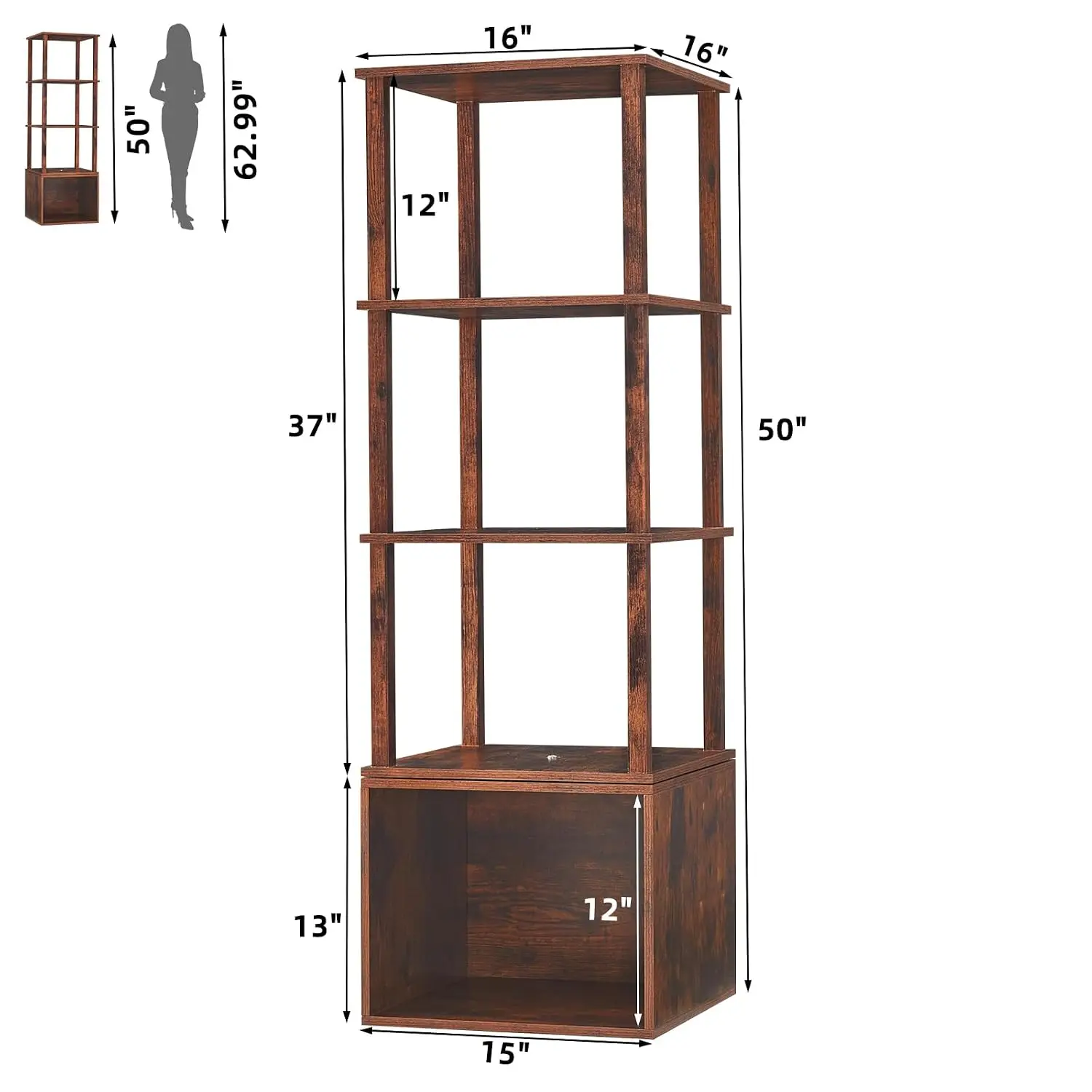 Rotating 4 Tier Wood Book Shelf 360 Revolving Storage Tower for Bedroom Living Room Office Brown, Customized