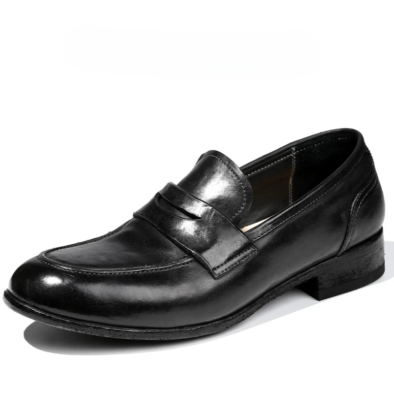 Retro Washed Horse Leather Loafers Shoes for Men's Horse Skin Hand-sewn Goodyear Wear-resistant Horsehide Business Casual Shoes