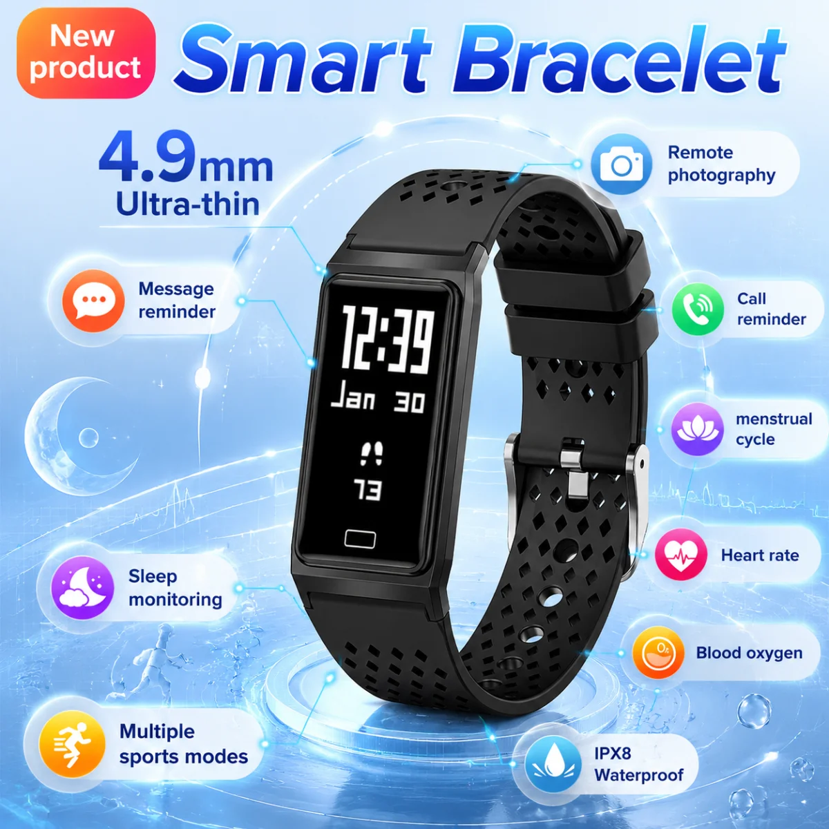 Fitness Breathable Band 4.9mm Ultra Slim Smart Bracelet Heart Rate Blood Oxygen Monitor IPX8 Waterproof Multi Sports Smartwatch