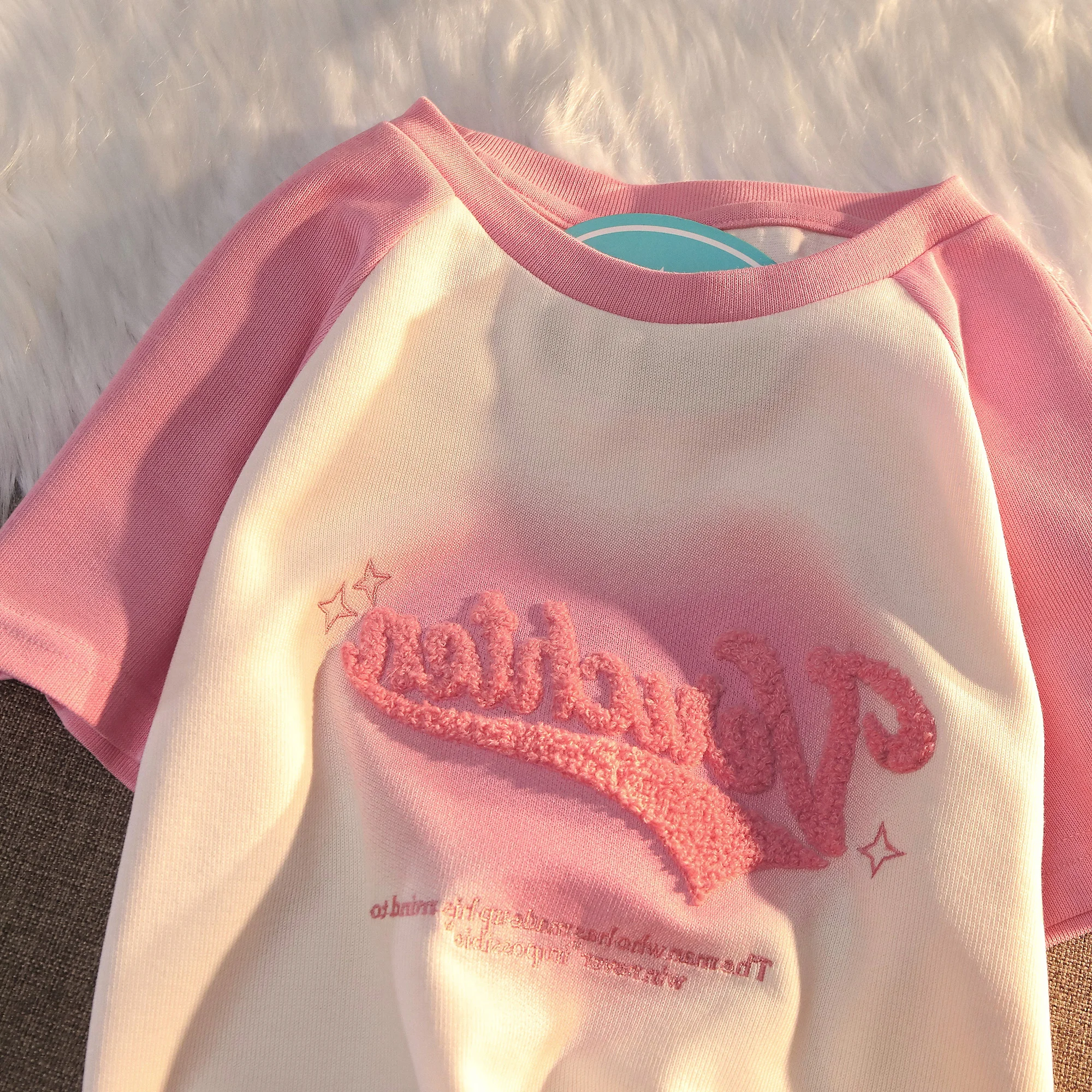 Cotton Thread 210g Summer Korean New T Shirts Women Slim Tops O Neck Embroidery Large Size Short Sleeve Tees Tide