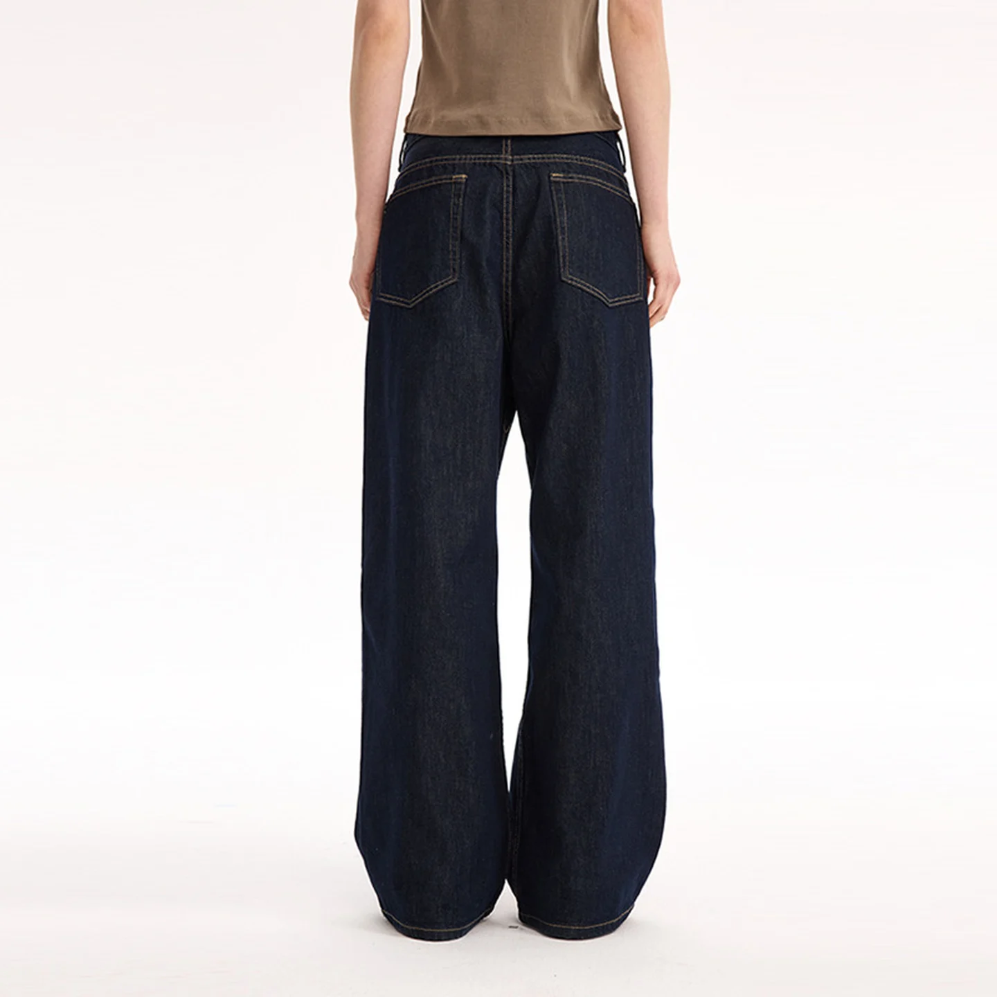 Mens Loose Straight Leg Jeans Dark Blue Black Cotton Blend Denim Contrast Stitching Full Length Casual Trousers for Daily Wear