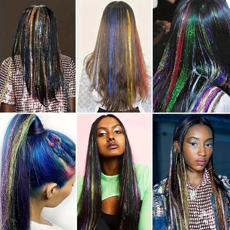 Guirlandes de cheveux scintillantes, brins colorés arc-en-ciel, couvre-chef pour filles, frange Laser, Extensions de faux cheveux, décor à paillettes