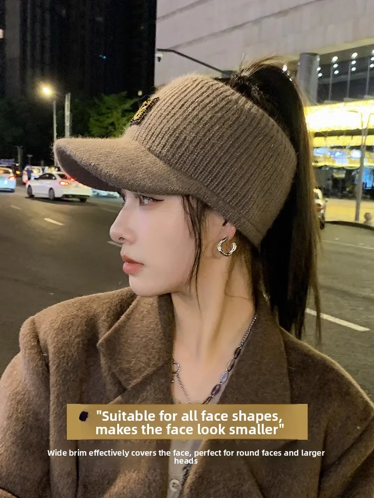 Women's Knitted Woolen Cap Winter Cycling Ear Protection Fashionable All-Match Fleece Warm Empty-Top Ear Cover Trendy