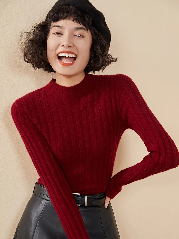 

100% Cashmere Pullover Mock Neck Sweater Autumn Winter clothes woman Soild Fit Soft Comfort Knit Basic Long Sleeve Tops Versatil