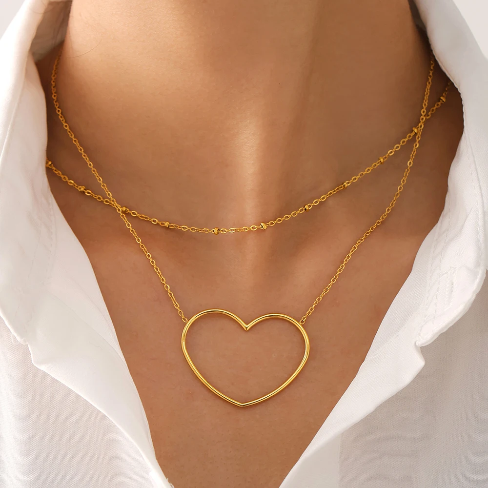 Women Simple Big Heart Love Pendant Choker Necklace Gold Plated 2 Strings Punk Clavicle Chain Jewelry Gift Wholesale