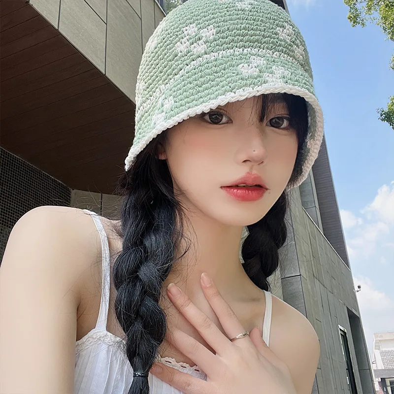 Kapelusz z dzianym kwiatem koreańskiej wersji wiosna lato szydełka rybak czapka kobiety Handmade Panama kapelusze wiadro Sombreros De Mujer — zdjęcie 3