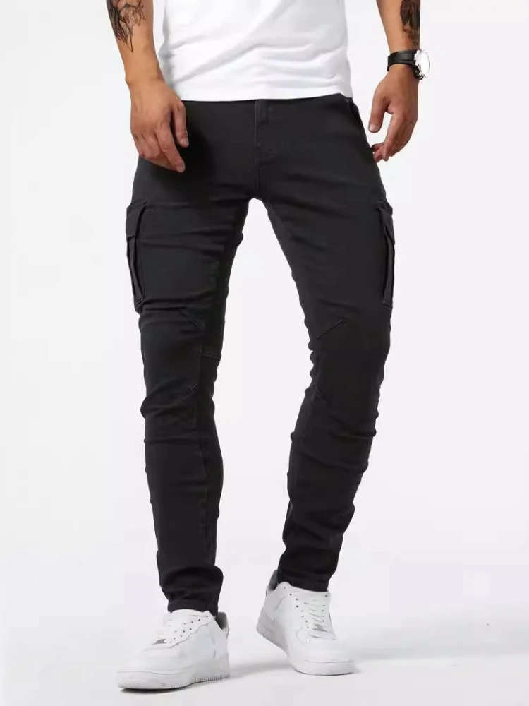 Men Elastic Streetwear Cargo Pants Jeans Wash Multi Pockets Y2k Mid Waist Casual Denim Trousers Slim Fit Male Clothes Joggers