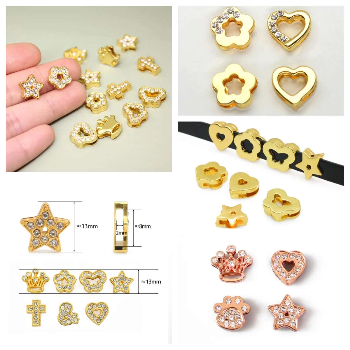 50PC/lot Hole 8MM heart star Slide Charm crystal paw diy charms Fit For 8mm Bracelet Wristband Jewelrys Making