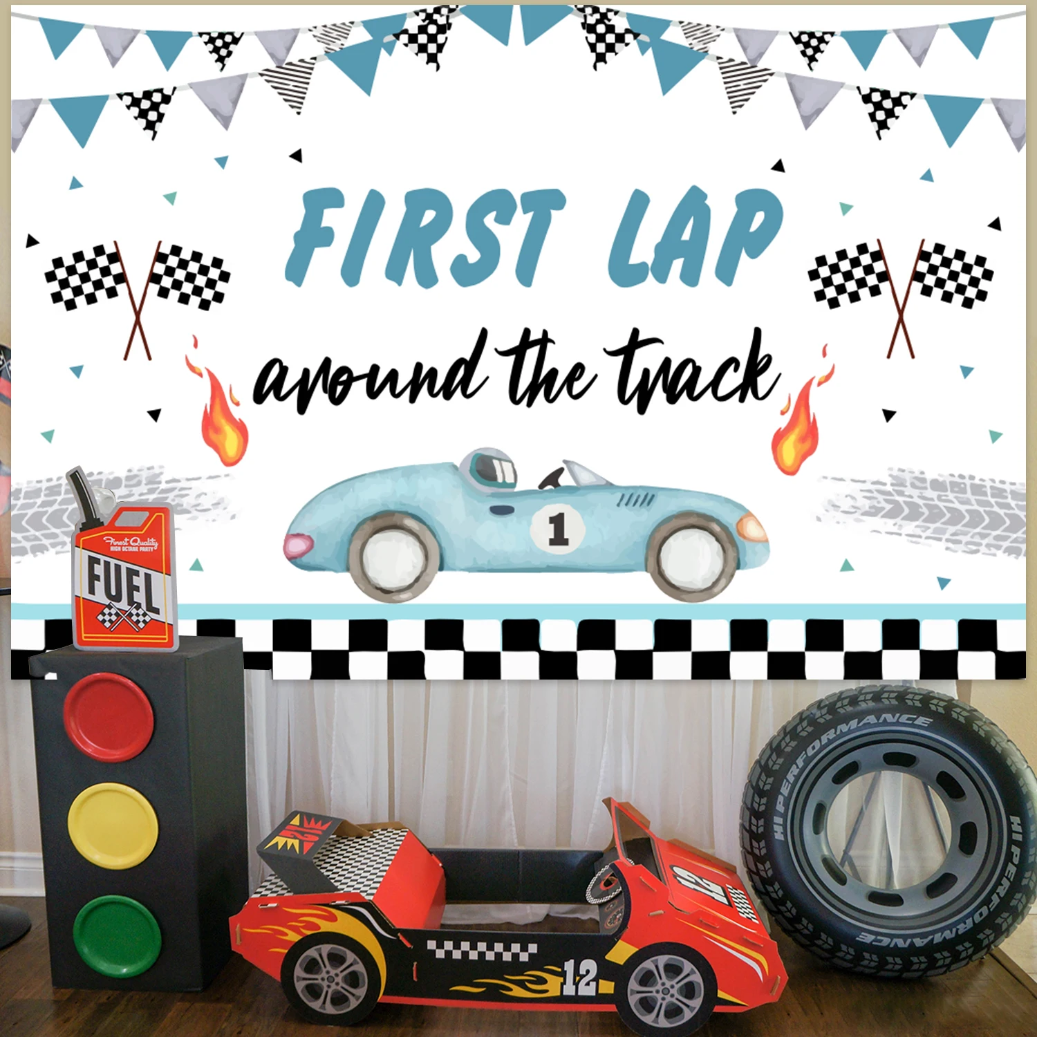 Racing Themed Party Backdrop,Racing First Lap Around The Track Background for Boys 1st Birthday Party Supplies