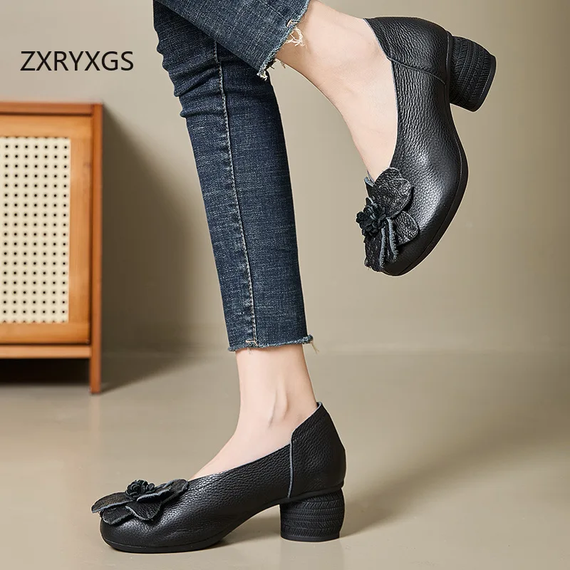 ZXRYXGS 2025 New Premium Genuine Leather Classic Flower Shoes Woman Fashionable Shoes Banquet Wedding Shoes High Heels Black Red