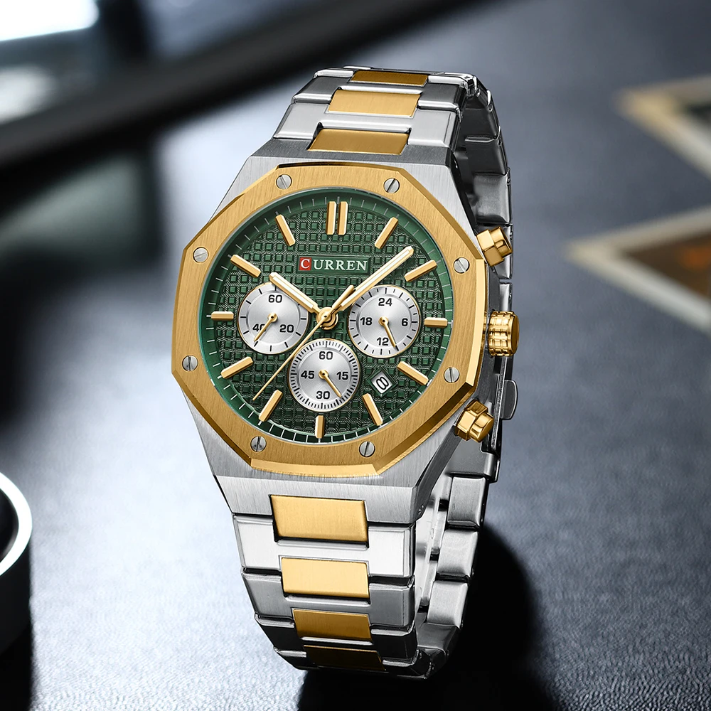 CURREN Fashion Quartz Square Design Dial Sports Stainless Steel Bracelet Luminous Hands Wrist Watches with Chronograph Function