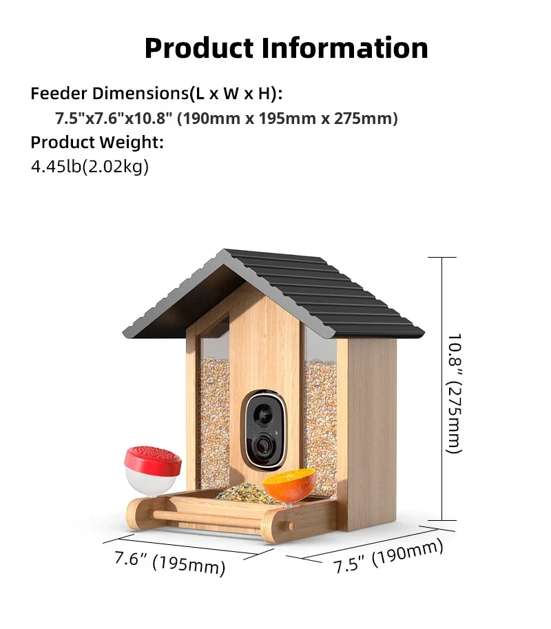 Natural wood smart bird feeder artificial intelligence identification over 10000 + birds and motion detection real-time