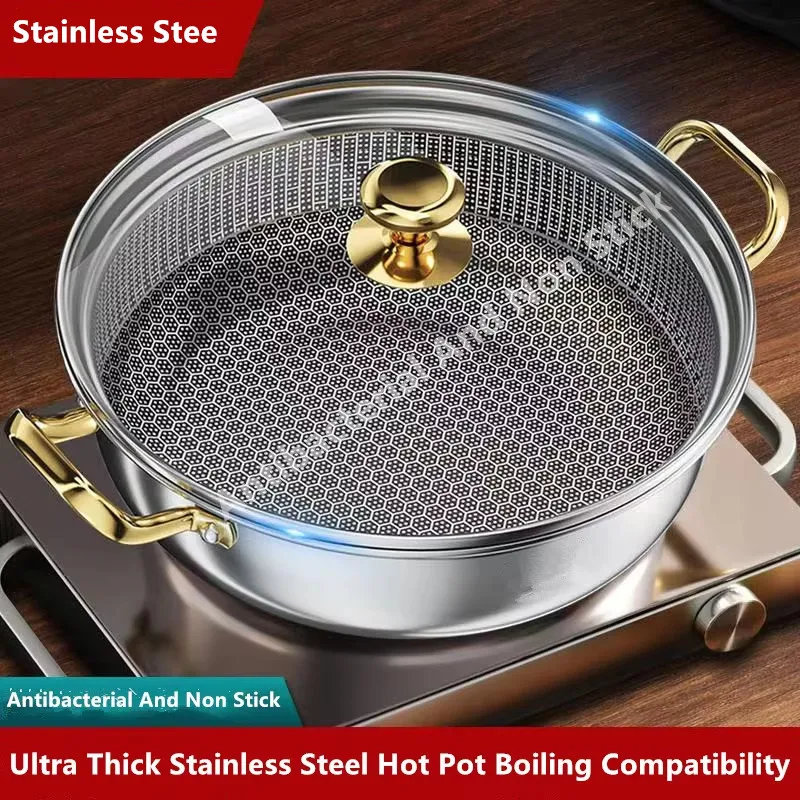 

30cm Stainless Steel Soup Pot Wok Non-stick Honeycomb with lid Household Frying Pan Induction Cooker Gas Stove Universal Hot Pot