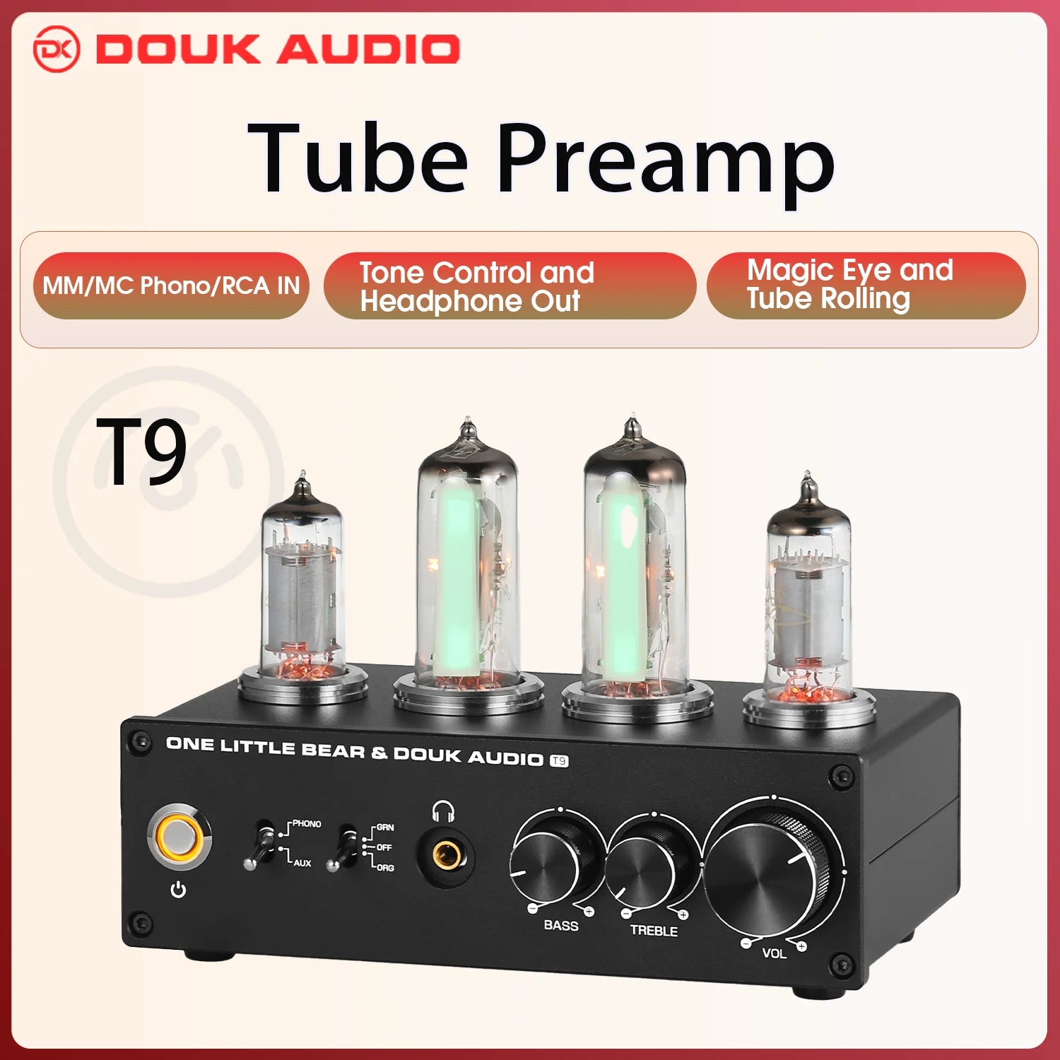 Douk Audio T9 Mini 6E2 Stereo Audio Vacuum Tube Preamplifier MM/MC Phono Stage Turntable Preamp Headphone Amplifier