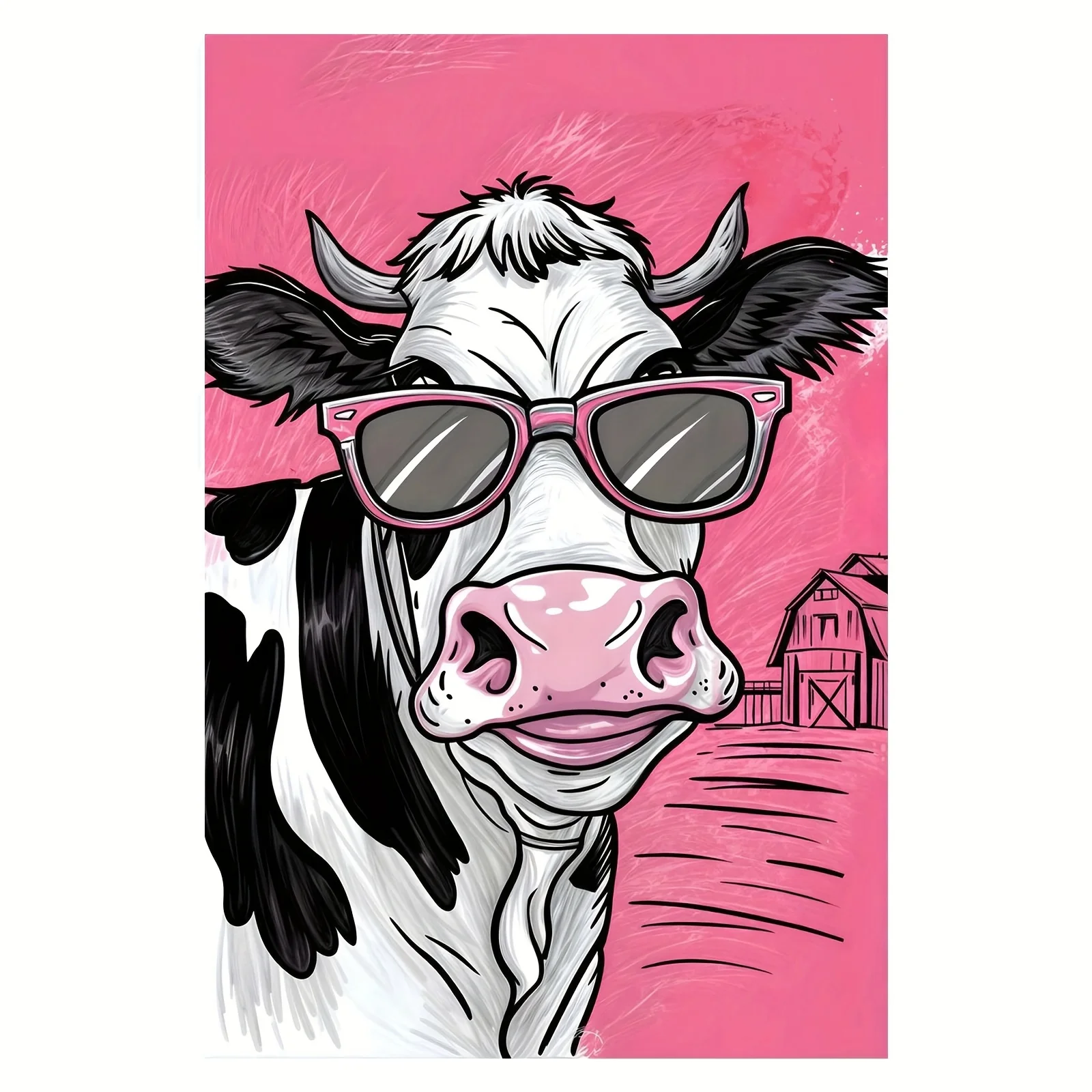 Cow with Sunglasses Canvas Print – Pink Background Animal Art, Funny Farm Design, Frameless  for Home Office Decor