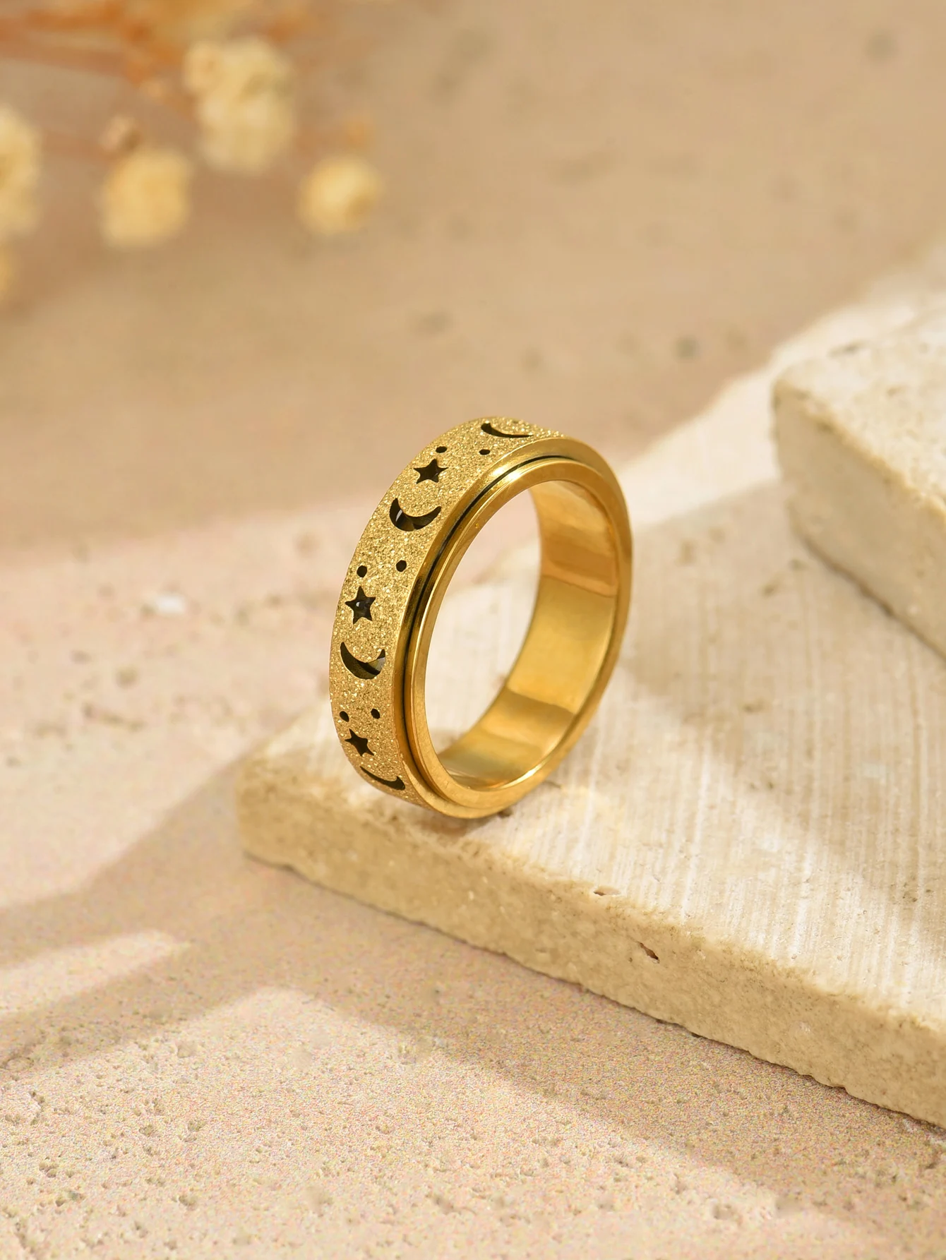 Lxalry Anello Spinner Moon and Star placcato oro 18 carati - Anello Fidget anti-ansia per uomo e donna, regolabile, impermeabile, ipoalle