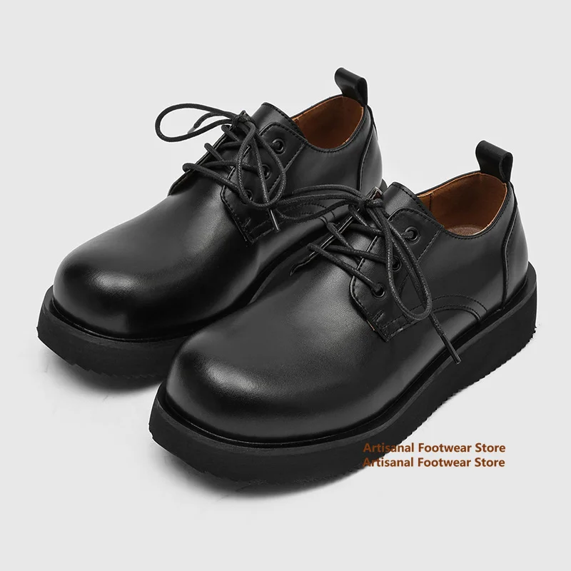 

Thick Soled Big Round Toe Derby Shoes Brown Suede Men's Shoes Low Top Black Leather Casual Shoe British Style Trendy Men's Shoes
