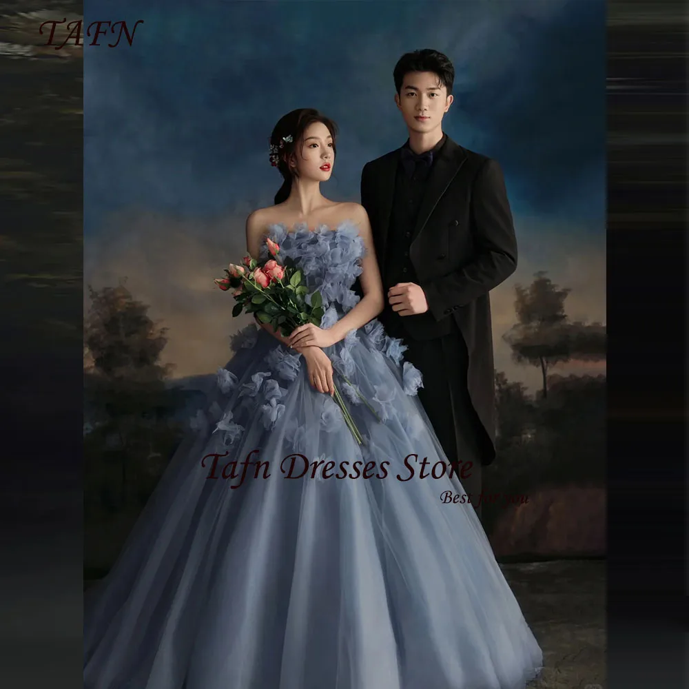 

TAFN 2025 New Blue Strapless Wedding Dresses Sleeveless A-line Tulle Pleat Flowers Bridal Gown 한국 웨딩드레스 Photo Shoot