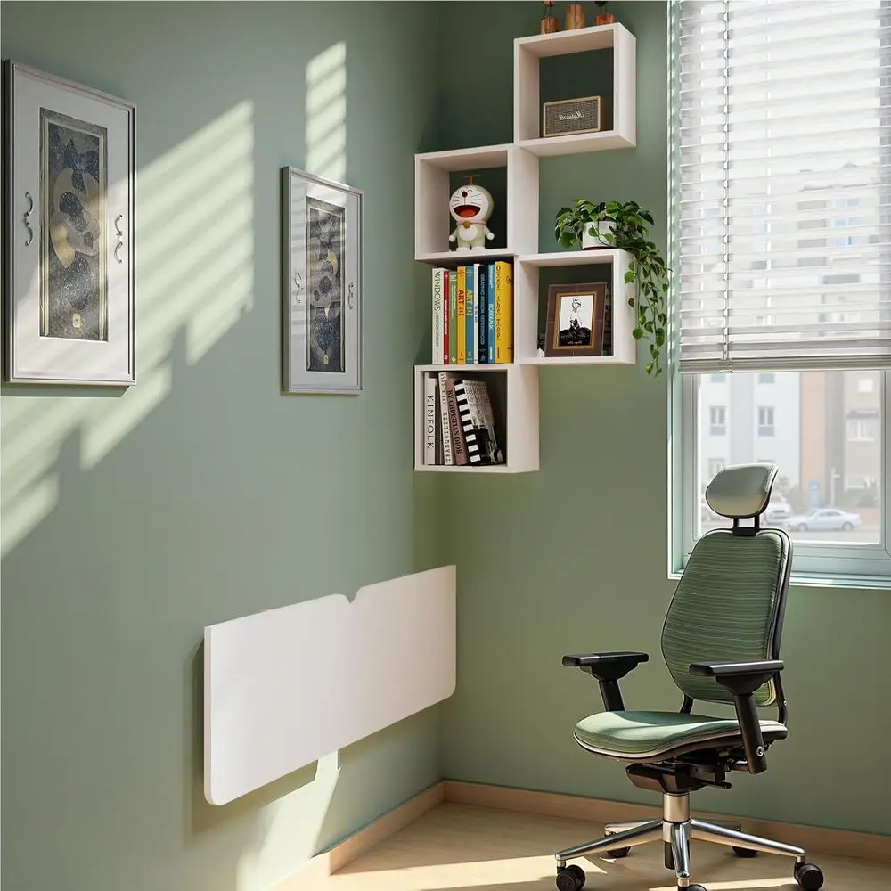 مكتب حائط متعدد الوظائف موفر للمساحة مع أوراق متدلية ورف كمبيوتر محمول عائم وتخزين للمكتب المنزلي باللون الأبيض الرمادي