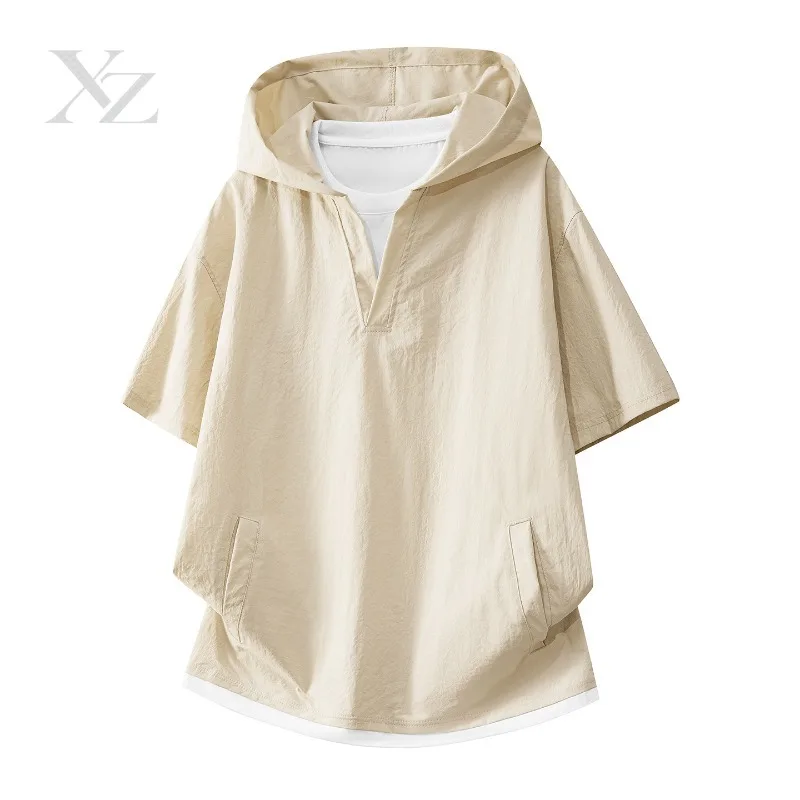 Opening Sale |Men's Oversized Hooded Short Sleeve T-shirt Fake Two Piece Design Streetwear Casual Tops Lightweight Summer Tees f