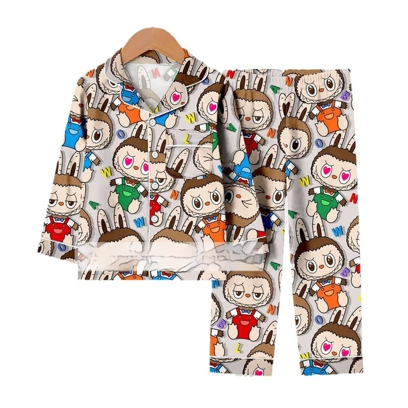 Kawaii Labubu Children Pajama Set Cartoon Labubu Kid Sleepwear Autumn Loose Casual Home Wear Soft Breathable Child Clothing Gift