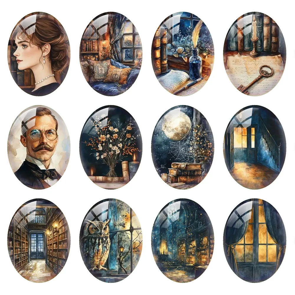 Random Mixed Round/Oval/Square Dark Academia Vintage Library Photo Glass Cabochon Flatback Demo Cameo For Diy Jewelry Making