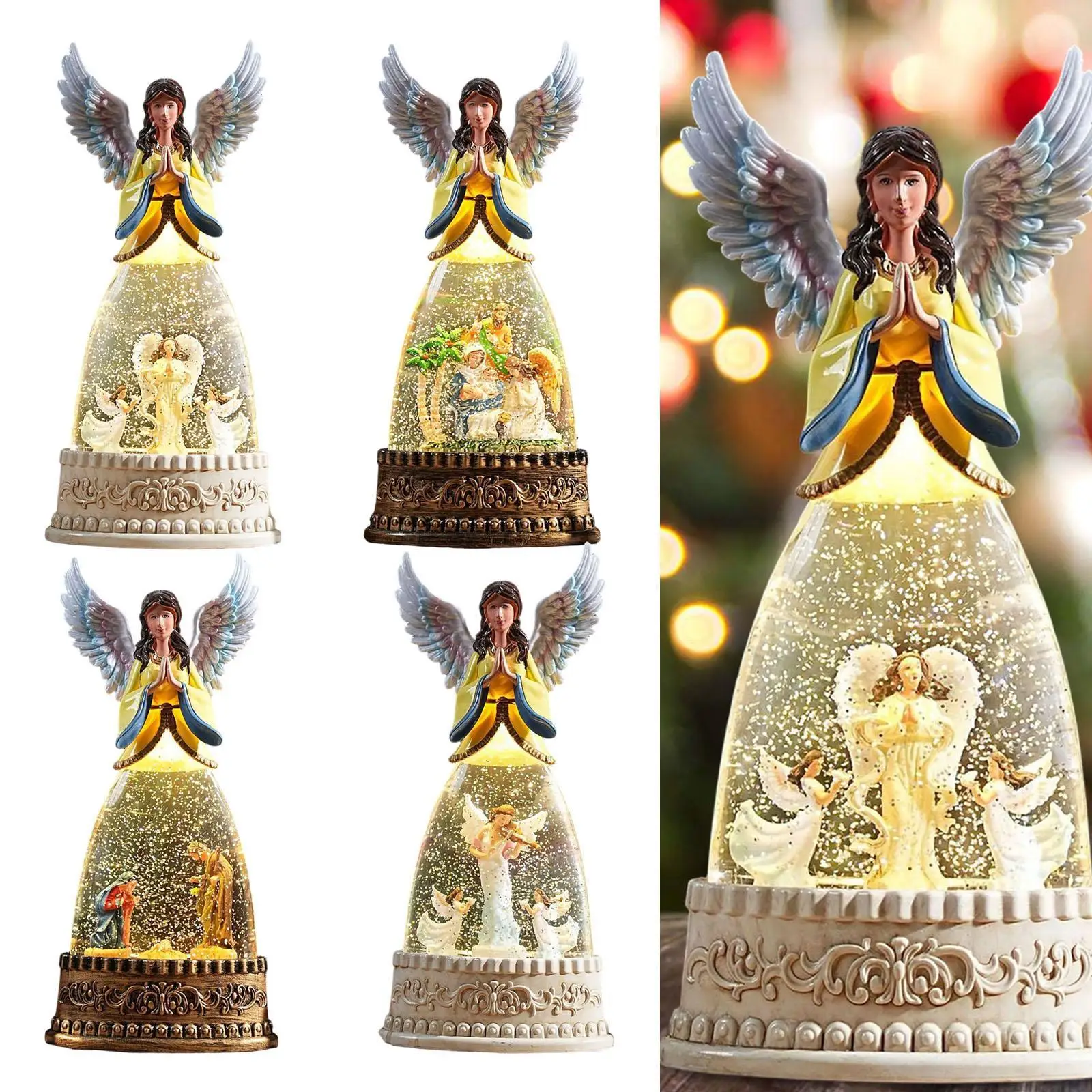 Musical Christmas Snow Globe Night Lamp Angel Figurine Decorative Xmas Decor Table Centerpiece for Desk Party Holiday Bedroom