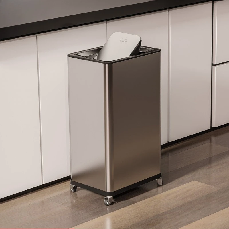 

Household kitchen Living room Simple modern vertical flip cover Trash can with wheel mobile square stainless steel storage