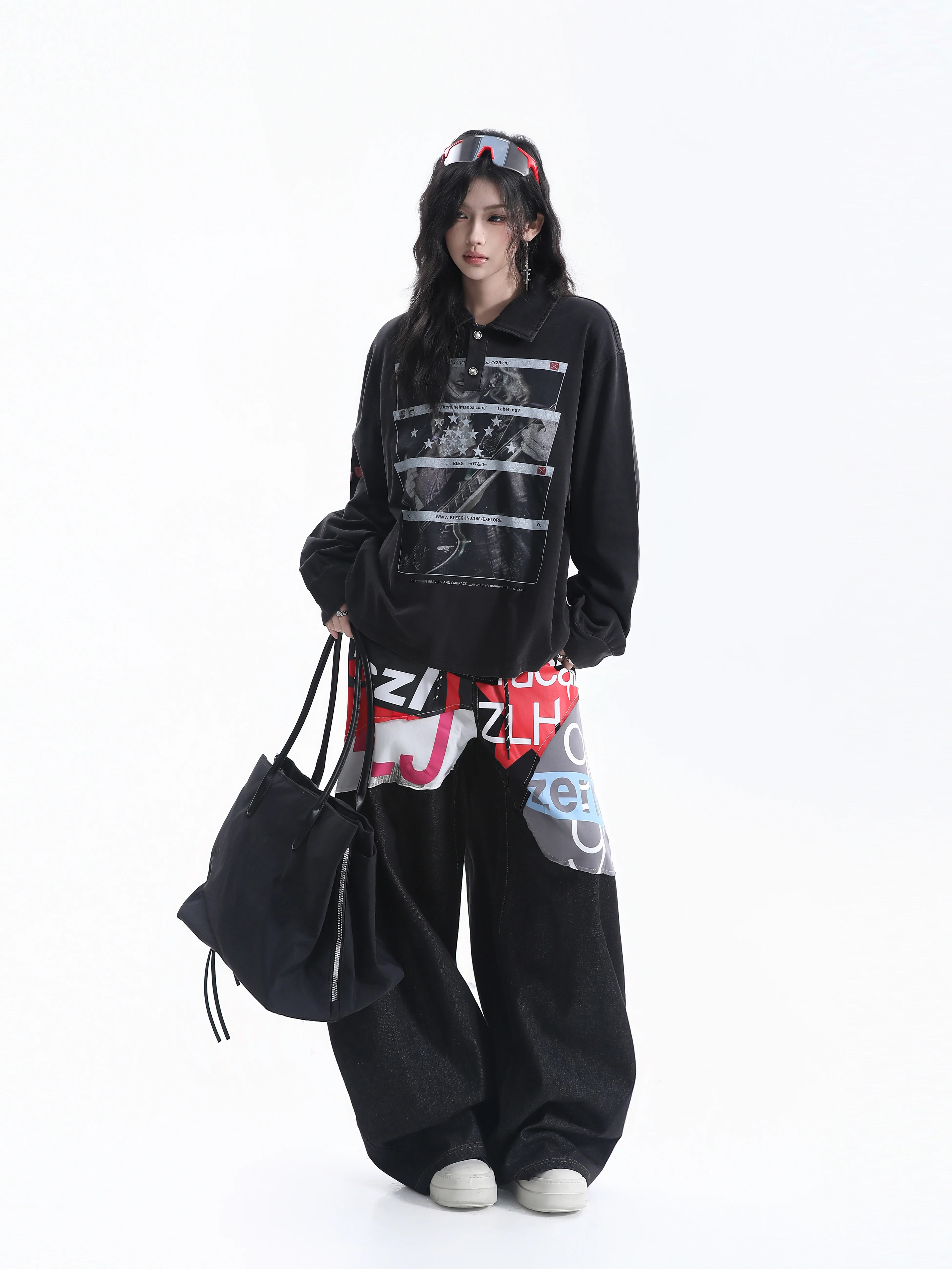 Cool Oversize Long Sleeve  Shirt for Women Street Style Band Print Couple Tshirt Cotton Loose Fit Shoulder Print Casual Wear