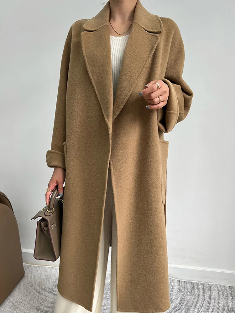 LANMREM Women Wool Coats Lapel Long Solid Color Belt Woolen Coats High Street Female Luxury Clothing 2023 Winter New 2DA1901