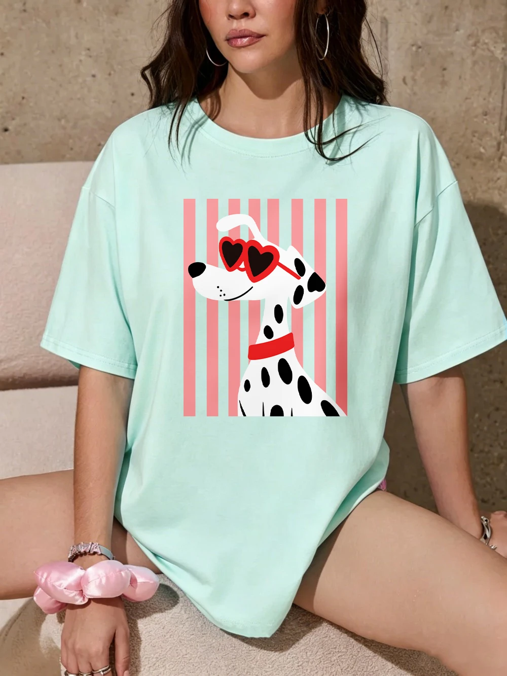 Herzförmige Sonnenbrillen Dalmatiner-Hundemotiv T-Shirts Damen Baumwolle Sommer Übergroße Oberteile O-Ausschnitt Kurzarm-T-Shirts Weiche Streetwear – Detail 16