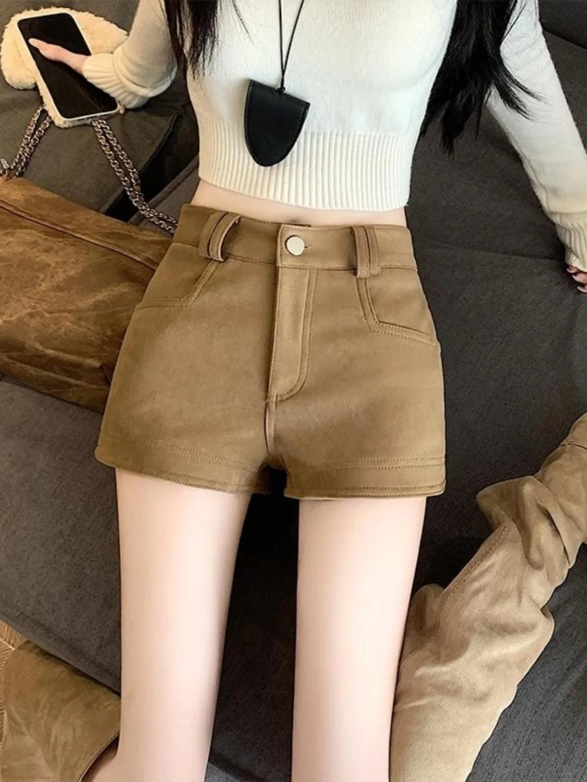 Retro American Khaki Short Skirt Women's High Waist Slimming Fashionable All-Match Wraparound Spring Outerwear Casual Pants