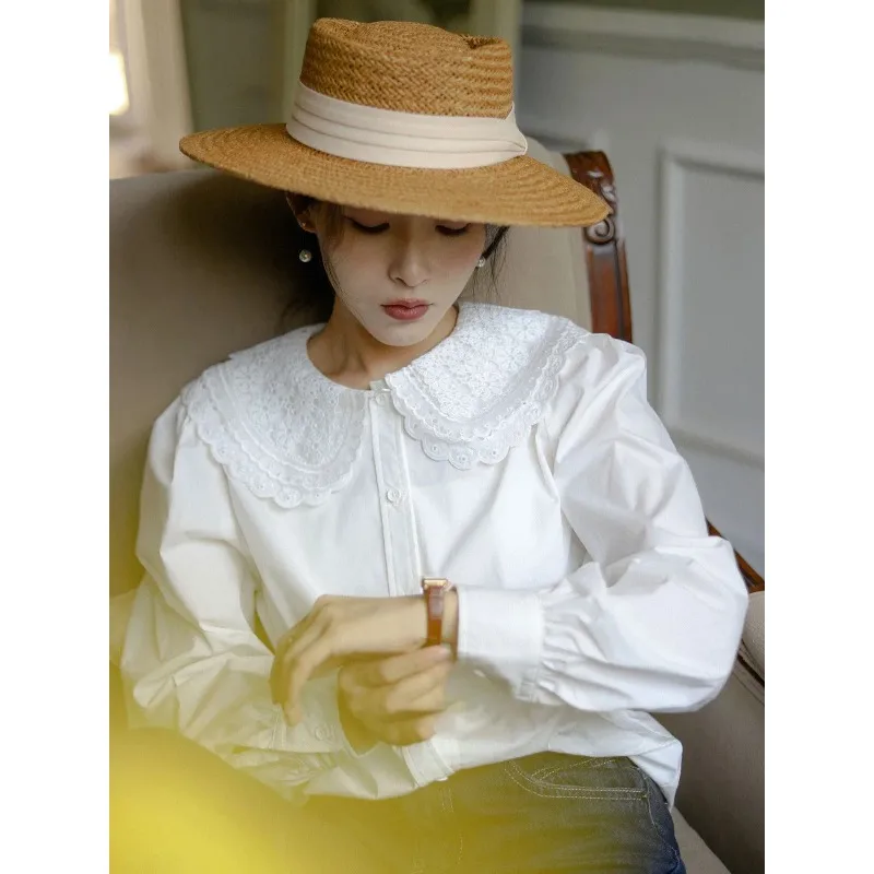 

Women's Chinese Style Stand Collar Long Sleeve Shirt Oversized 3D Embroidery Retro White Blouse Vintage Inner Top S-XXL