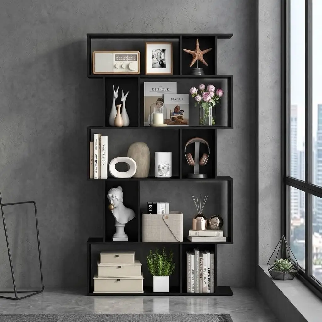 5-Tier Geometric Bookshelf w/Anti-tip Kit & 5 Closed-Back Cubbies, Customized