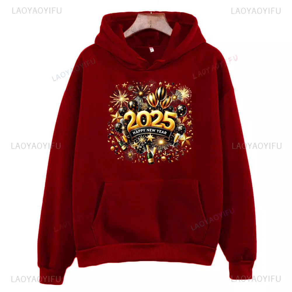 2025 Happy New Year Fireworks Champagne Woman Printed Sweatshirt Celebrate The New Year Outdoors Warm Hoodie Unisex Pullover