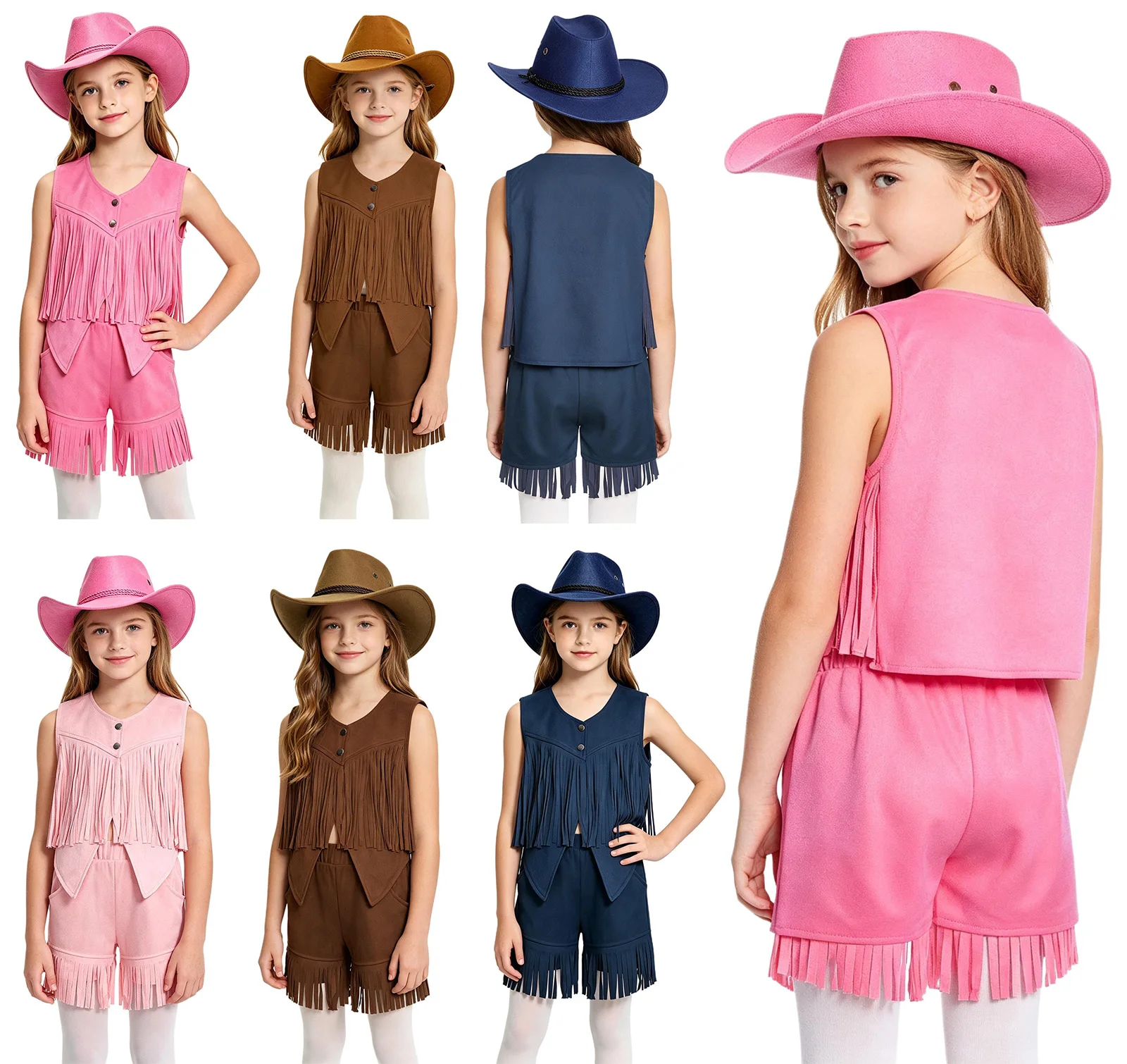 Kids Cowgirls Outfits For Girls Pink Brown Carnival Costume Up Cowboy Boys Themed Party Top Shorts Hat For Children Clothes Set