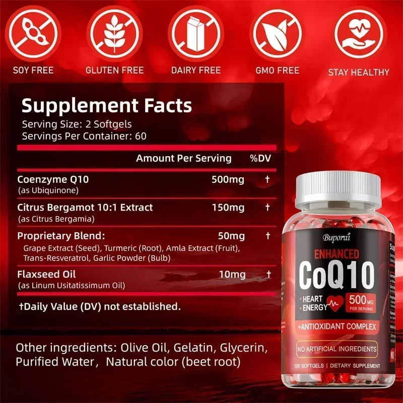 CoQ10 Supplement - Boost Energy Levels, Improve Blood Circulation, Support Heart Function and Powerful Antioxidants