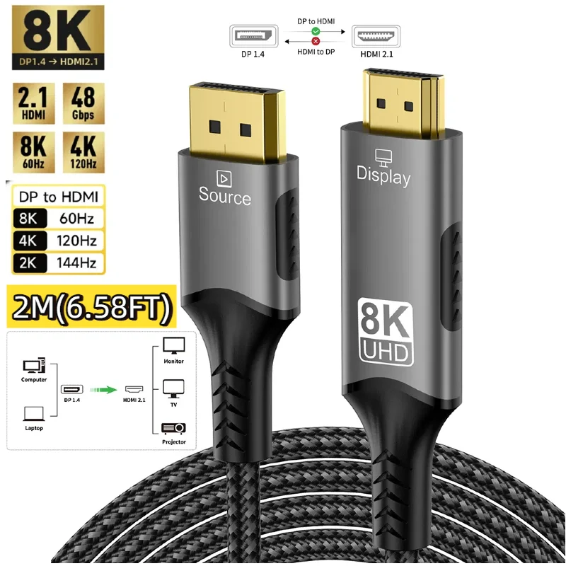 8K@60Hz DisplayPort naar HDMI-kabel Unidirectionele DisplayPort naar HDMI-kabel Gevlochten kabel Compatibel voor HDTV/MacBook/Xbox