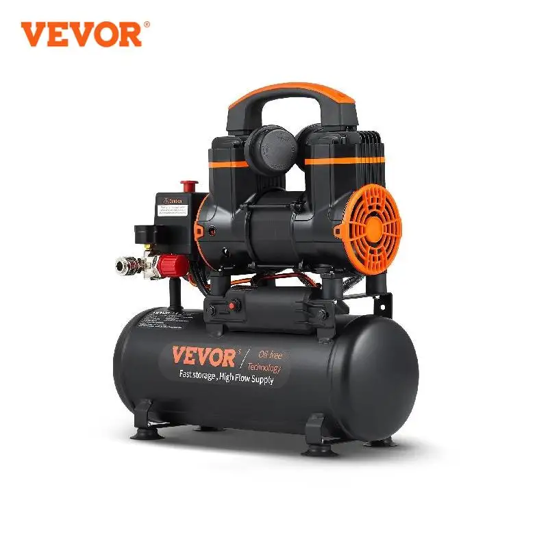 VEVOR Compressore d'Aria 8L Portatile Senza Olio Motore 900W Velocità 2800 giri/min per Aerografo Inchiodatura, Compressore d'Aria a Secco Portatile Rumore 70dB 2 Silenziatori Temperatura -50? - 40?