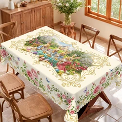 1 Piece Easter Bunny Floral Print Round Tablecloth, Available in 5 Sizes, Easter Bunny Floral Print Square Tablecloth, Embossed Edge Design, Wedding Decoration, Easter Spring Garden Tablecloth Decoration, Suitable for Everyday Home Kitchen, Patio Use, Easter Decoration