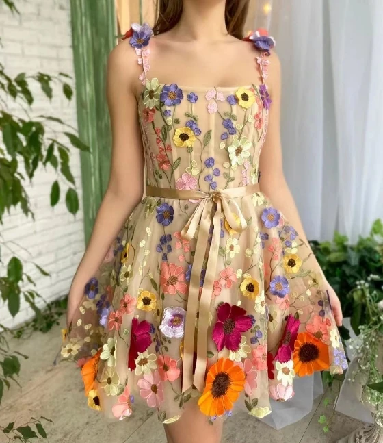 

Elegant Dresses for Women 2024 Spring Square Neck 3D Flower Embroidery Sexy Backless Sleeveless Zipper A-Line Mini Sling Dress